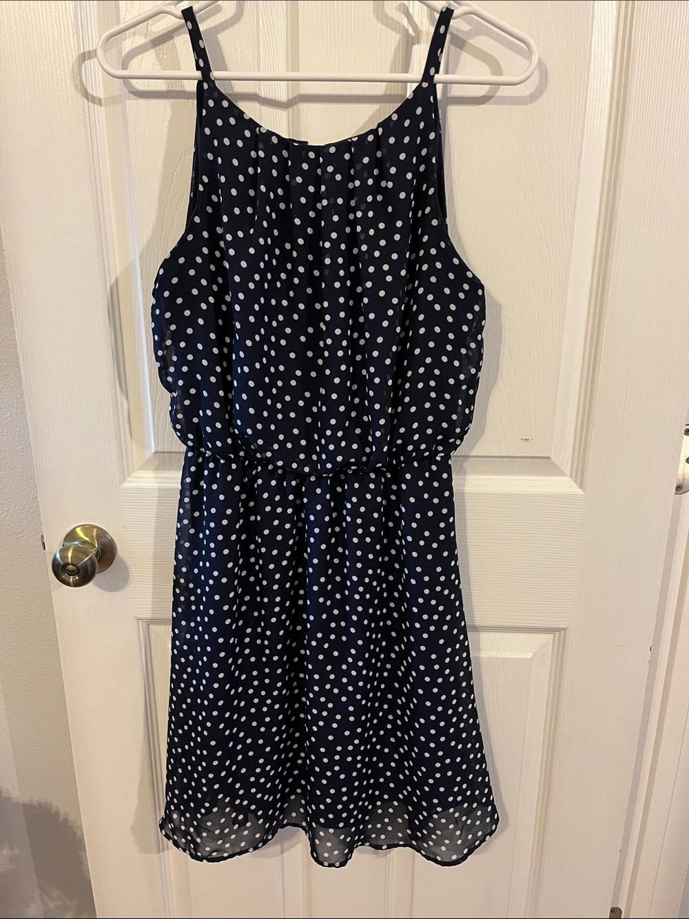 Tacera Navy and White Polka Dot Mini Dress